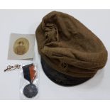 FEMALE BLACK AND TAN MEDAL, 9 CARAT GOLD. CUMANN NA MBAN BADGE, PHOTO AND PEAKED CAP