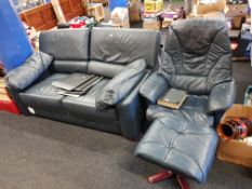 LEATHER SOFA, CHAIR AND FOOTSTOOL