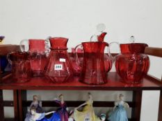 ANTIQUE GLASS RUBY GLASS DECANTERS, JUGS AND VASES