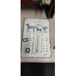 TIN PLATE HORSE AND CALENDAR AND THERMOMETER