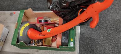 BOX OF TOOLS TO INCLUDE STRIMMER AND CLOCK