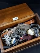 GOOD BOX OF JEWELLERY TO INCLUDE SILVER AND WATCHES