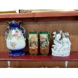 3 VICTORIAN VASES AND STAFFORDSHIRE FIGURE