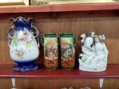 3 VICTORIAN VASES AND STAFFORDSHIRE FIGURE