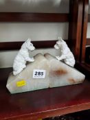 PAIR SPELTER DOG AND MARBLE BOOK ENDS
