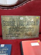 ANTIQUE BRASS SIGN 'GEORGE L MACLAINE & CO'