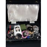 BOX OF JEWELLERY, WATCHES, SILVER ETC