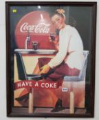 LARGE FRAMED VINTAGE COCA COLA ADVERTISING POSTER