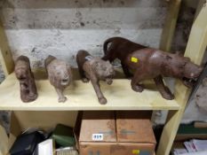 SHELF LOT OF WOODEN CARVED LIONS