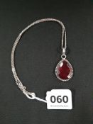 SILVER TEAR DROP PENDANT SET WITH RED STONE ON SILVER CHAIN