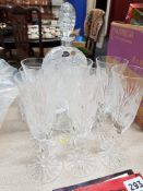 CRYSTAL DECANTER, 6 FLUTE AND 6 SHORT GLASSES AND TRAY
