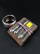 3 PIECE SILVER MANICURE SET IN LEATHER POUCH AND SILVER NAPKIN RING