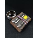 3 PIECE SILVER MANICURE SET IN LEATHER POUCH AND SILVER NAPKIN RING