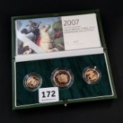 2007 UK GOLD PROOF THREE COIN SOVEREIGN COLLECTION COMPRISING HALF SOVEREIGN, SOVEREIGN AND DOUBLE