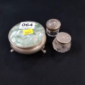 3 FOOTED TRINKET BOX AND 2 SILVER LID JARS