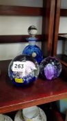 2 GLASS PAPER WEIGHT AND BRISTOL BLUE SCENT BOTTLE