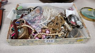 LARGE BOX COSTUME JEWELLERY, COINS AND WATCHES ETC