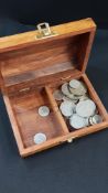 WOODEN BOX TO CONTAIN COINS SOME SILVER