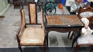 HEAVILY DECORATED FOLDING CARD TABLE A/F AND ARMCHAIR A/F