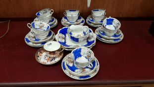 2 ANTIQUE BLUE AND WHITE DISHES AND ANTIQUE COPELAND CUP AND SAUCER