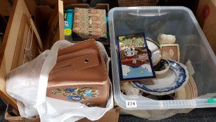 2 BOX LOTS TO INCLUDE CHINA, NEW HANDBAG AND PICTURES