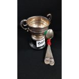 SILVER TROPHY AND 2 SILVER SPOONS