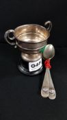 SILVER TROPHY AND 2 SILVER SPOONS