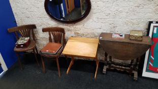 2 BENTWOOD CHAIRS, DROP LEAF TABLE AND DESK