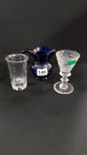 GEORGIAN BLUE GLASS JUG AND 2 OLD GLASSES