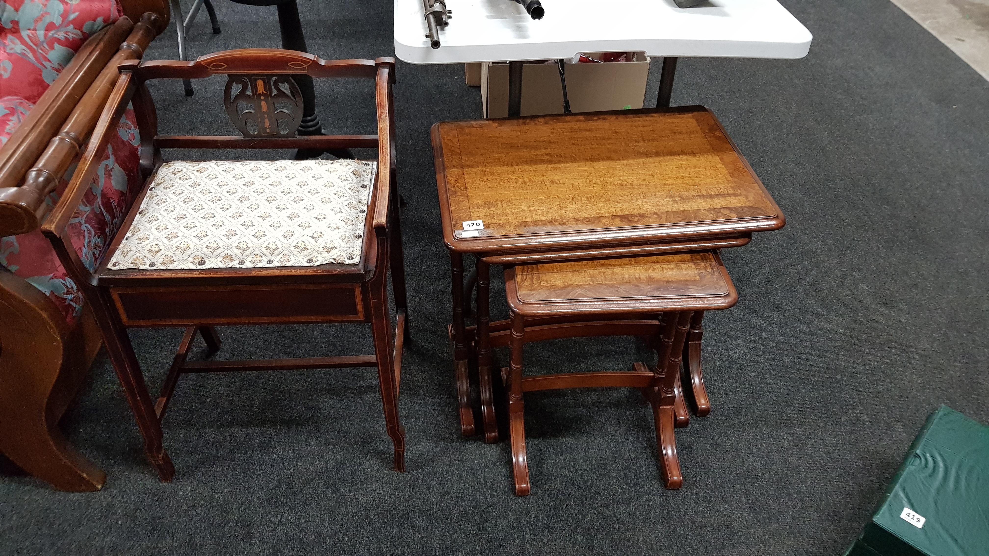 EDWARDIAN INLAID STOOL AN NEST TABLES