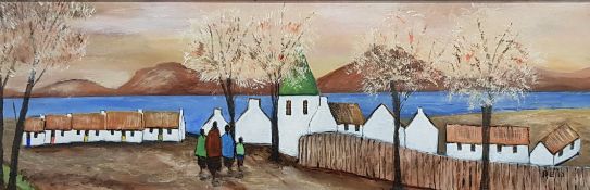 OIL ON BOARD - FIGURES AND COTTAGES IN IRISH LANDSCAPE SIGNED REID