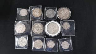 BAG OF SILVER COINS TO INCLUDE VICTORIAN CROWN, SILVER DOLLAR ETC