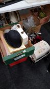 3 BOX LOTS, ORNAMENTS, BOWLER HAT , GLASS VASES, FIGURES AND SEWING BOX