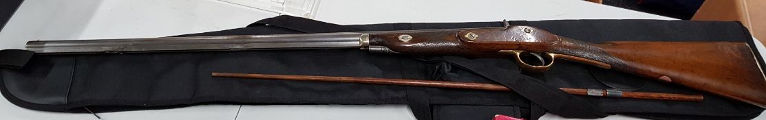 1865 FOWLING PIECE SINGLE BARREL PERCUSSION SHOTGUN BY J FRY OF ENGLAND WITH BRASS TIPPED RAMROD,