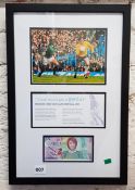 FRAMED GEORGE BEST £5 NOTE AND PHOTO