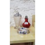 RUBY PERFUME BOTTLE, SILVER AND GLASS PERFUME BOTTLE, SILVER PIN DISH
