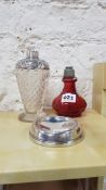 RUBY PERFUME BOTTLE, SILVER AND GLASS PERFUME BOTTLE, SILVER PIN DISH