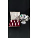 SILVER PLATE ANTIQUE SWEET DISH (1800) AND BOXED SET OF MOTHER OF PEARL LOBSTER PICKS