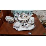 PORCELAIN DRESSING TABLE TRAY AND JARS AND PORCELAIN TEAPOT, CREAM AND SUGAR (SOME DAMAGE)