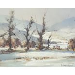 OIL ON CANVAS, CATTLE IN WINTER SCENE, ARTHUR T WELLS 17X13INS