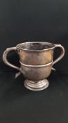 ANTIQUE SOLID SILVER LOVING CUP, INDISTINCT HALL MARK, 395 GRAMS