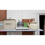 VINTAGE ENAMEL BREAD BIN, KETTLE AND MEAT SLICER