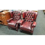 PAIR OF OX BLOOD BUTTON BACK ARMCHAIRS