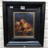 ANTIQUE FRAMED OIL PAINTING 'CHECKING THE EGGS'