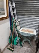 GARDENING EQUIPMENT, LADDERS & GARDEN TABLE