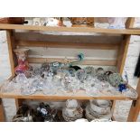 SHELF LOT OF PAPERWEIGHTS AND GLASSWARE