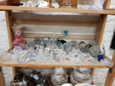 SHELF LOT OF PAPERWEIGHTS AND GLASSWARE