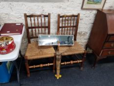 PAIR OF PERIOD OAK AND ELM SPINDLE-BACKED COUNTRY CHAIRS WITH RUSH SEATS