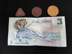 3 COOK ISLAND COINS AND 3 DOLLAR NOTES