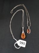 2 AMBER AND SILVER NECKLACES
